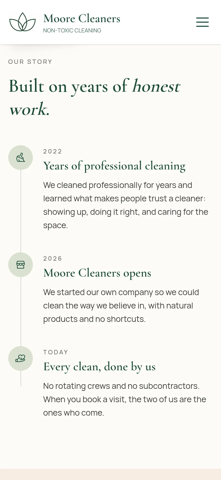 The Moore Cleaners About page built by Basewind, on mobile