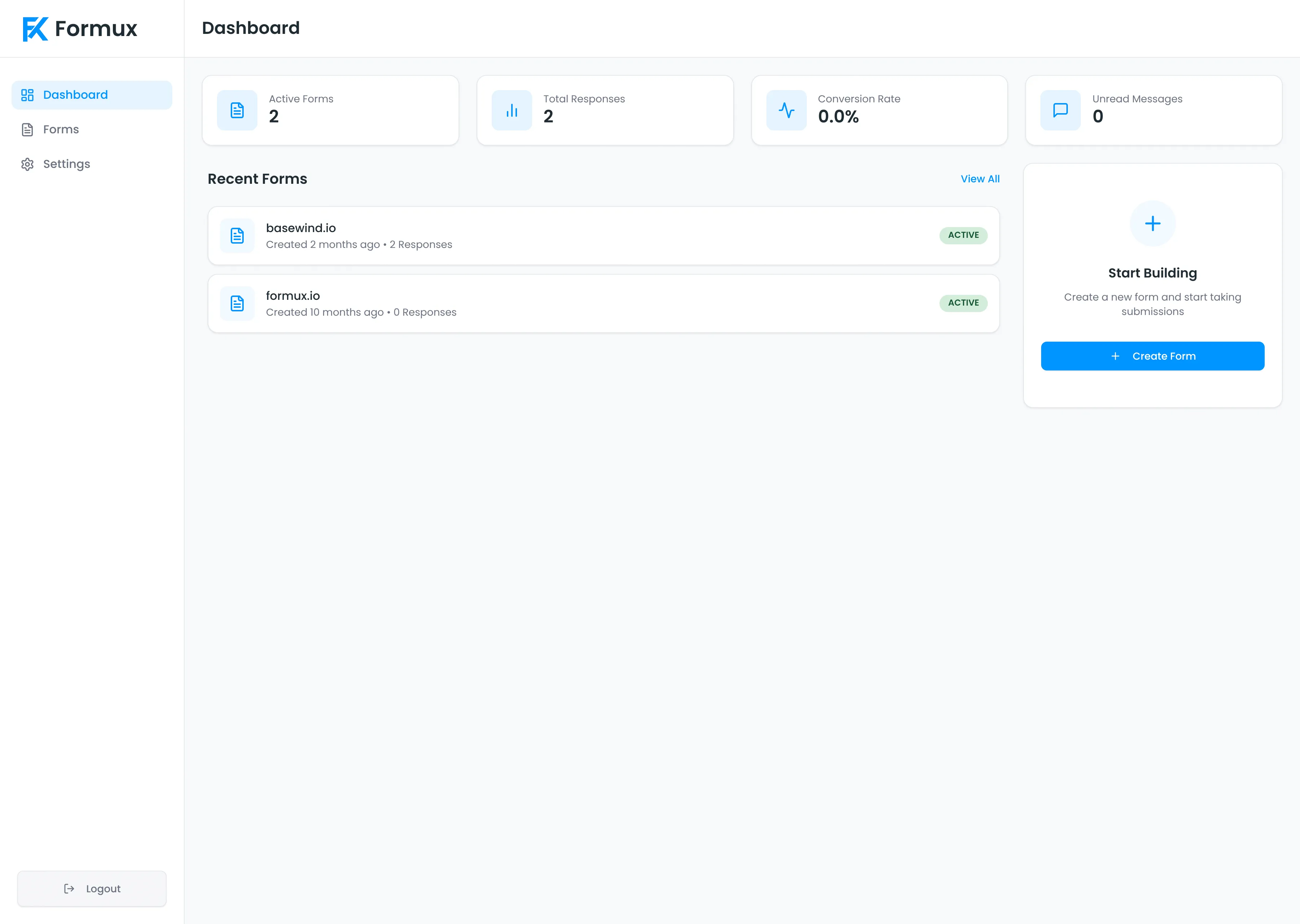 Dashboard: form activity, response counts, and quick actions. (desktop view)