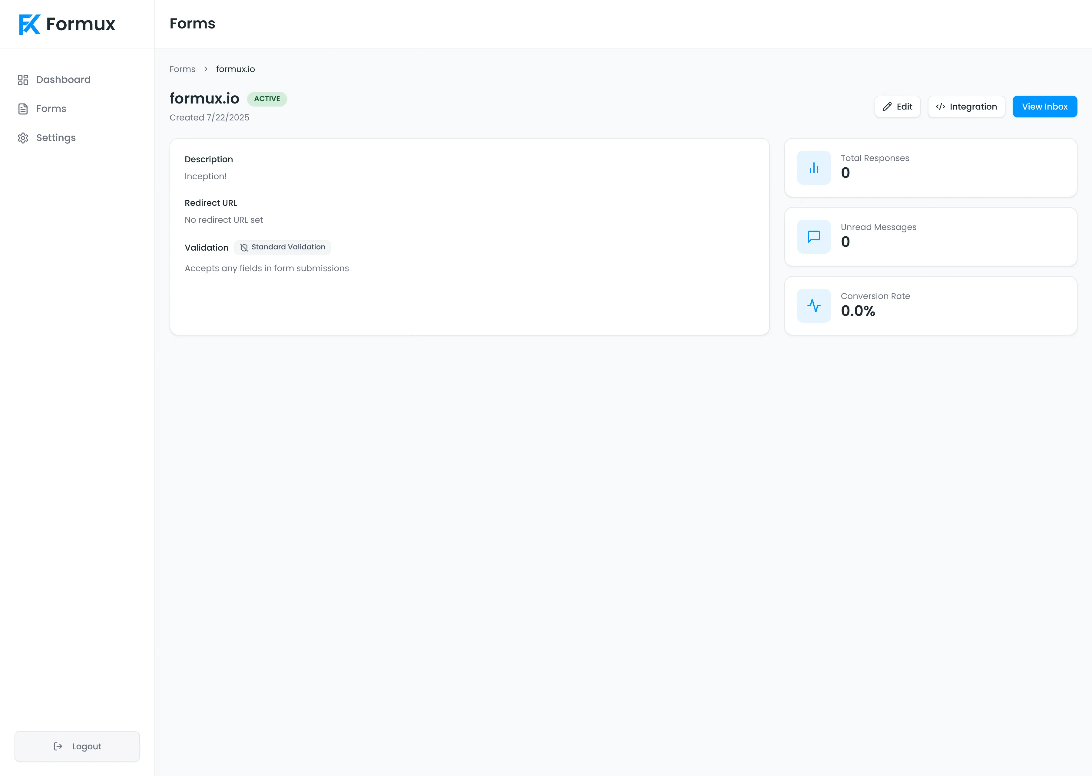 Form configuration: fields, redirects, and delivery options. (desktop view)