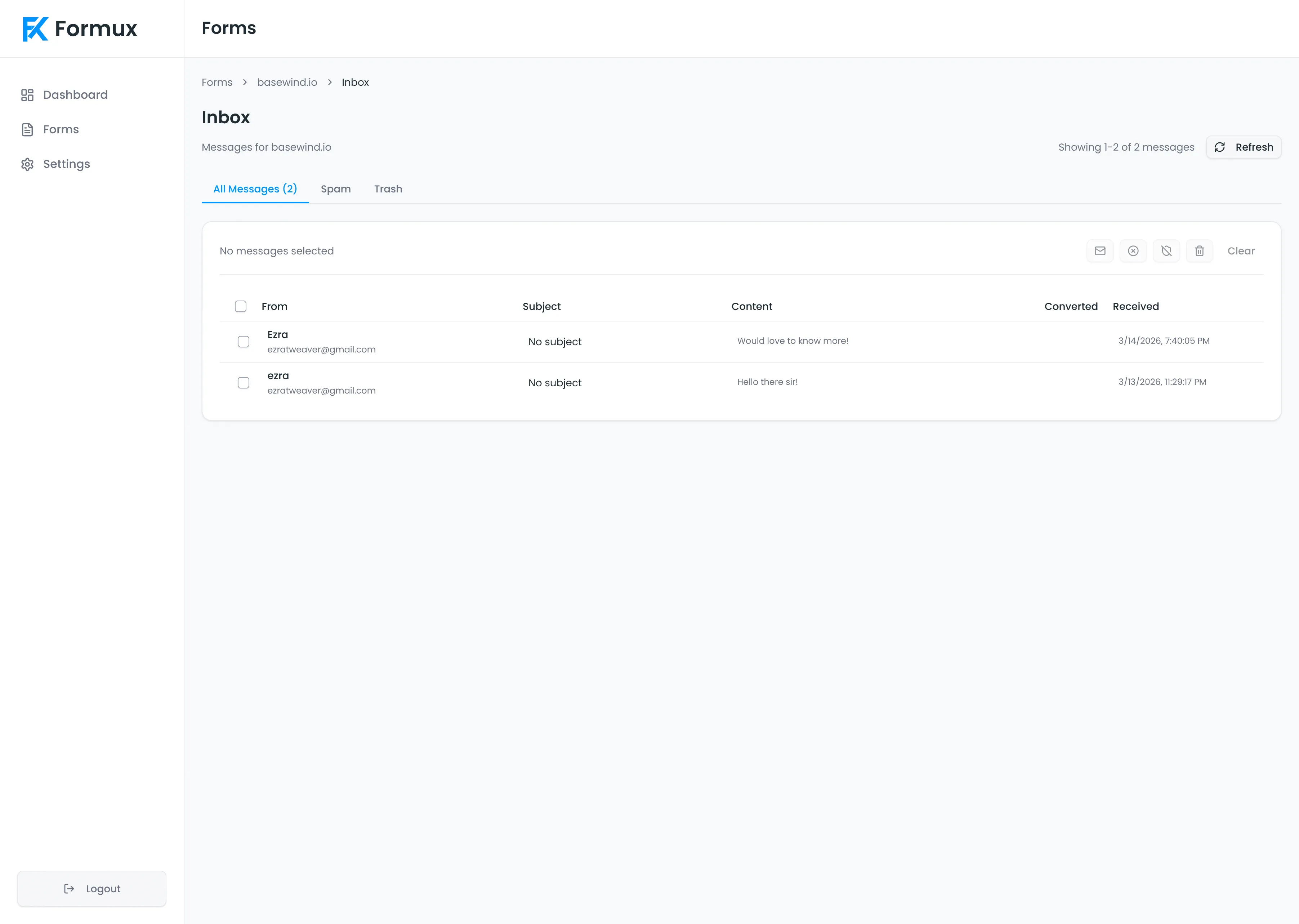 Per-form inbox for reviewing submissions. (desktop view)