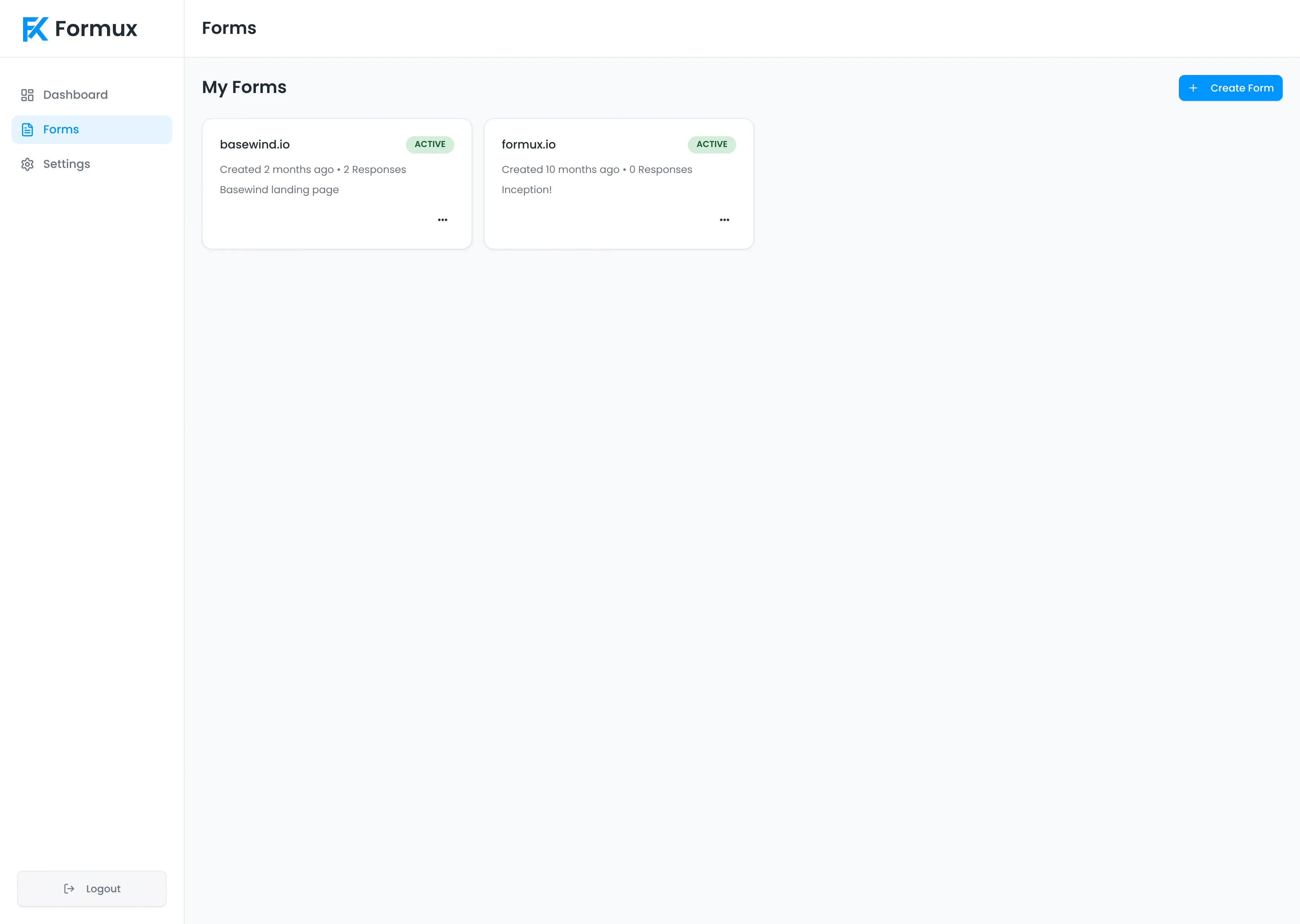 Forms list with per-form status and response volume. (desktop view)