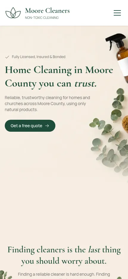 The homepage establishes the service, location, and non-toxic approach before the quote request. (mobile view)