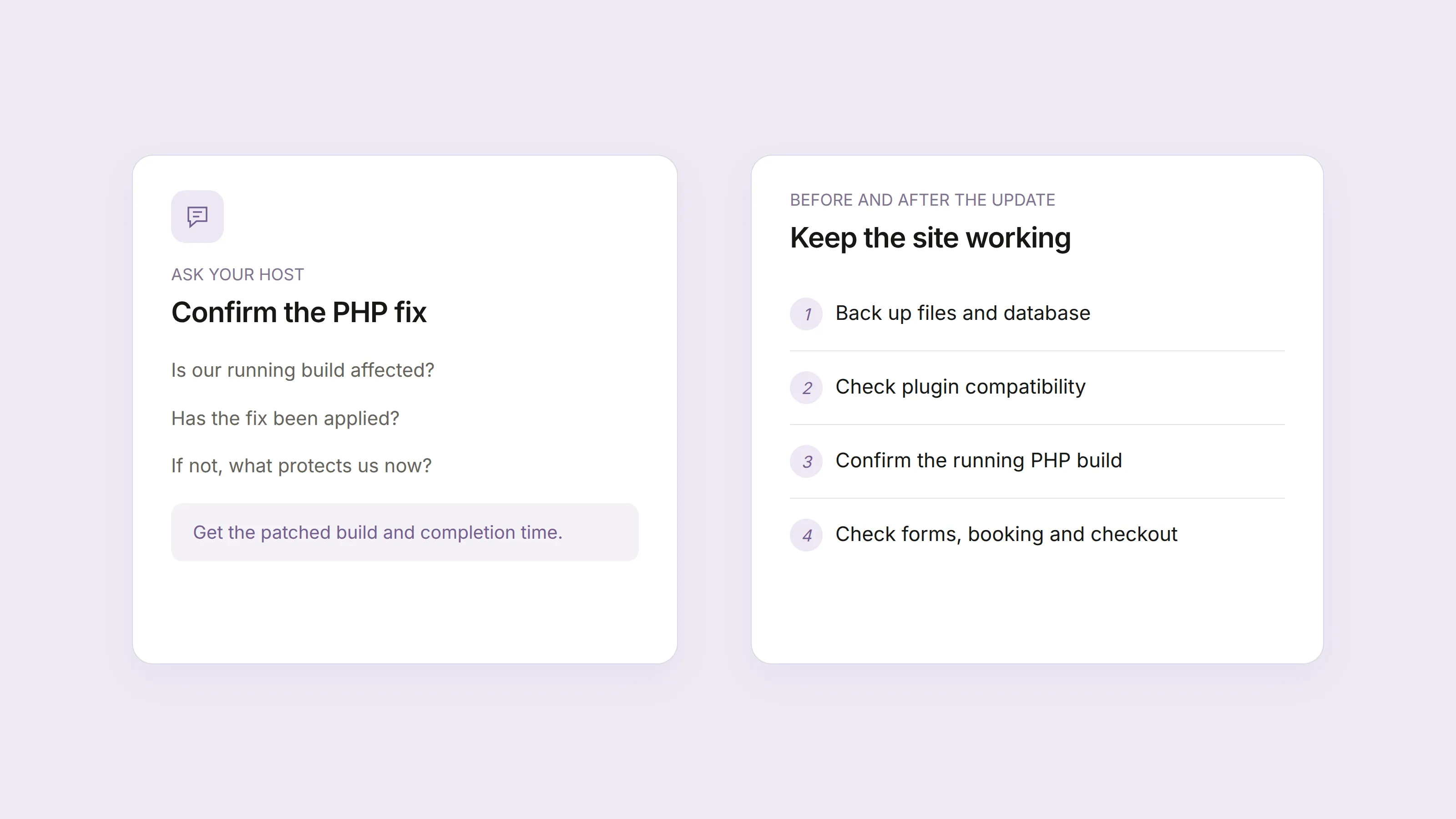 Two cards listing questions for the hosting provider and checks for backups, compatibility, the running PHP build, and website functions.