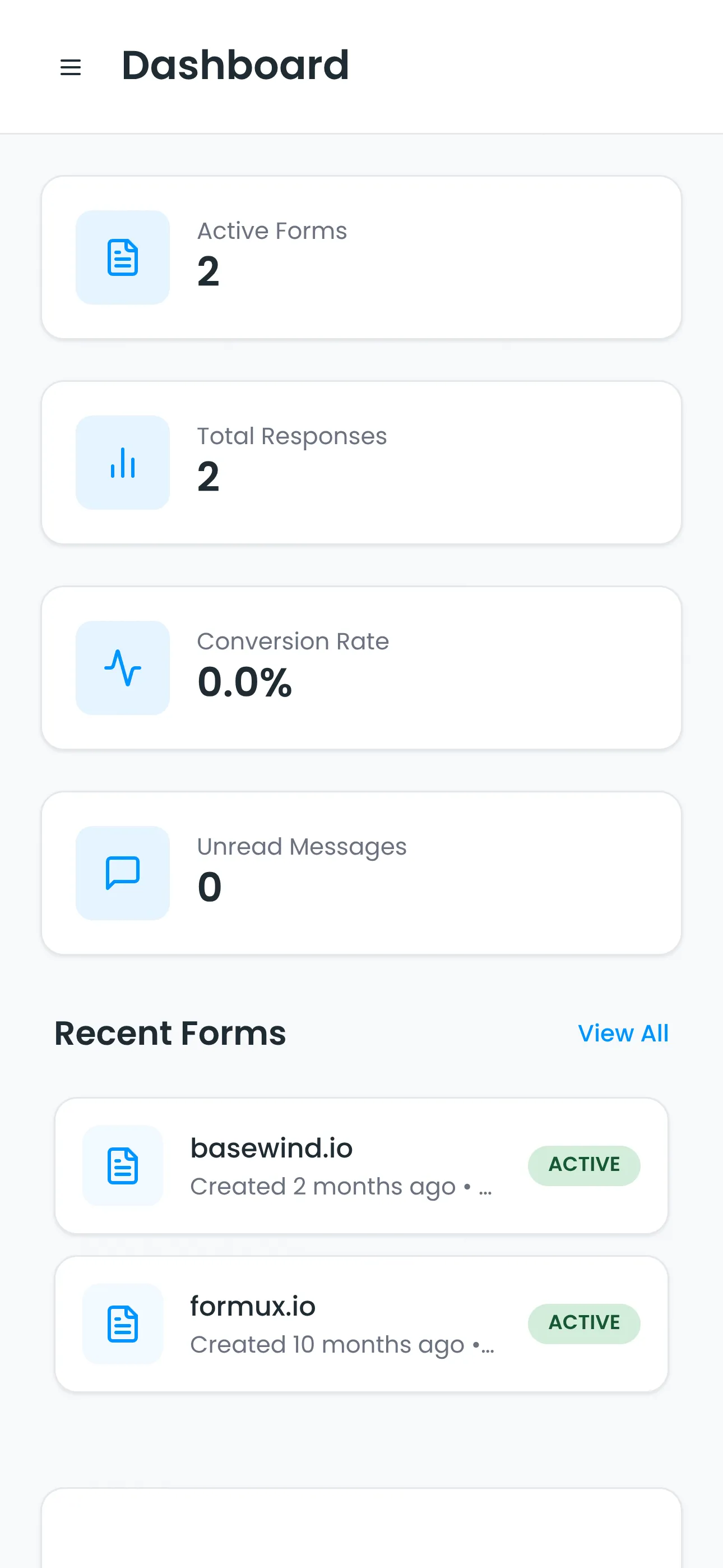Dashboard: form activity, response counts, and quick actions. (mobile view)