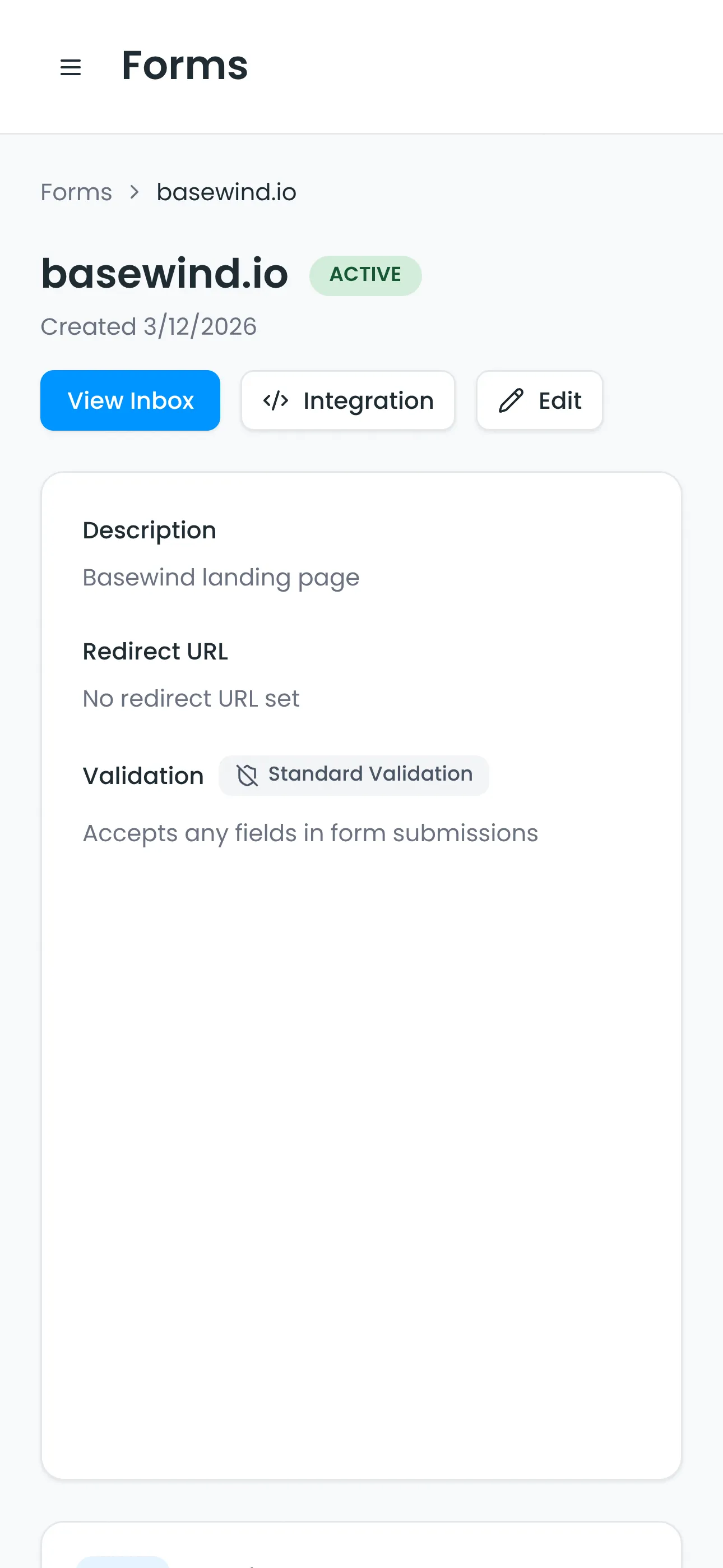 Form configuration: fields, redirects, and delivery options. (mobile view)