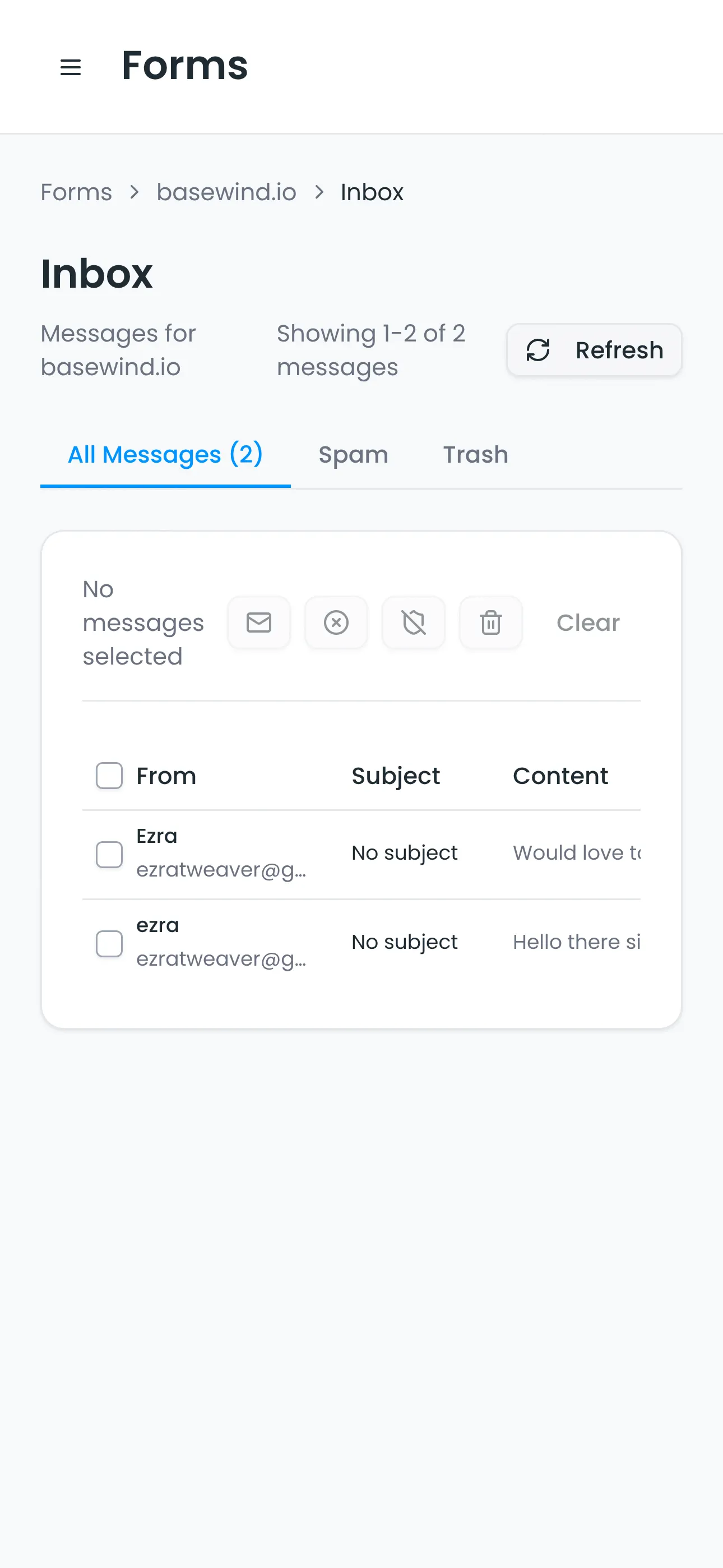 Per-form inbox for reviewing submissions. (mobile view)