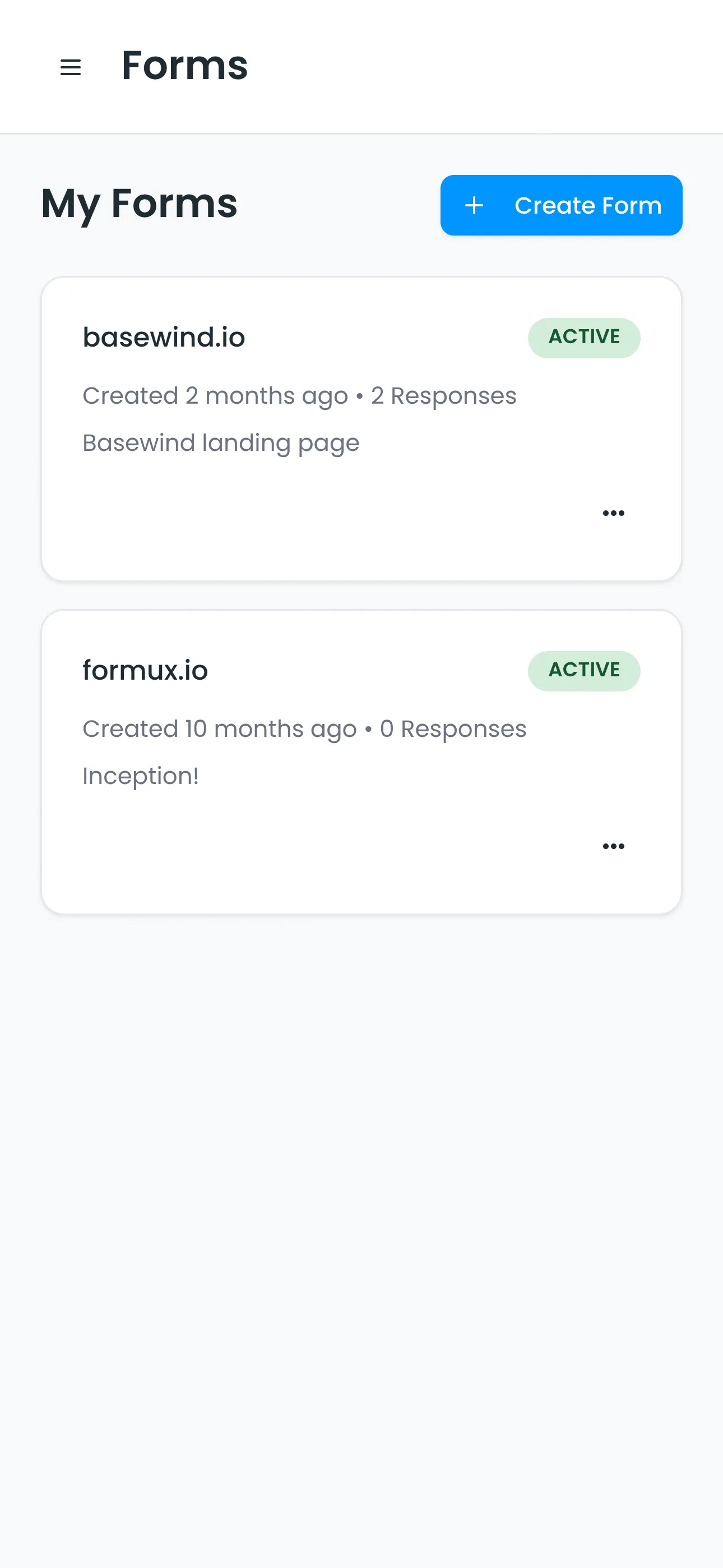 Forms list with per-form status and response volume. (mobile view)