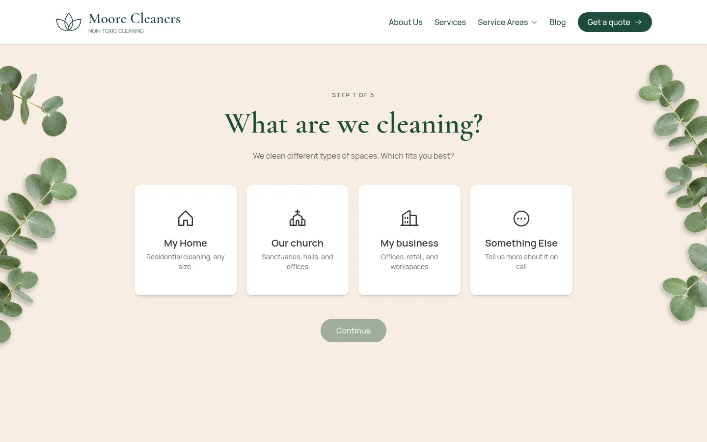 The five-step flow moves from simple service questions to contact details. (desktop view)