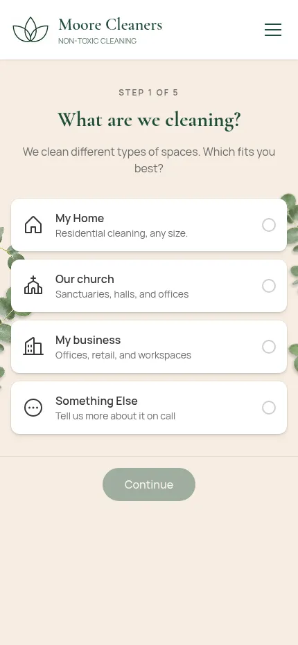 The five-step flow moves from simple service questions to contact details. (mobile view)