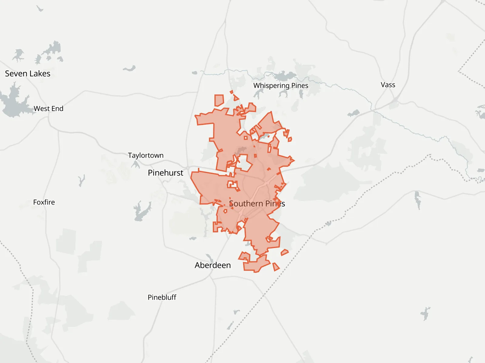 Map of Southern Pines and the towns around it