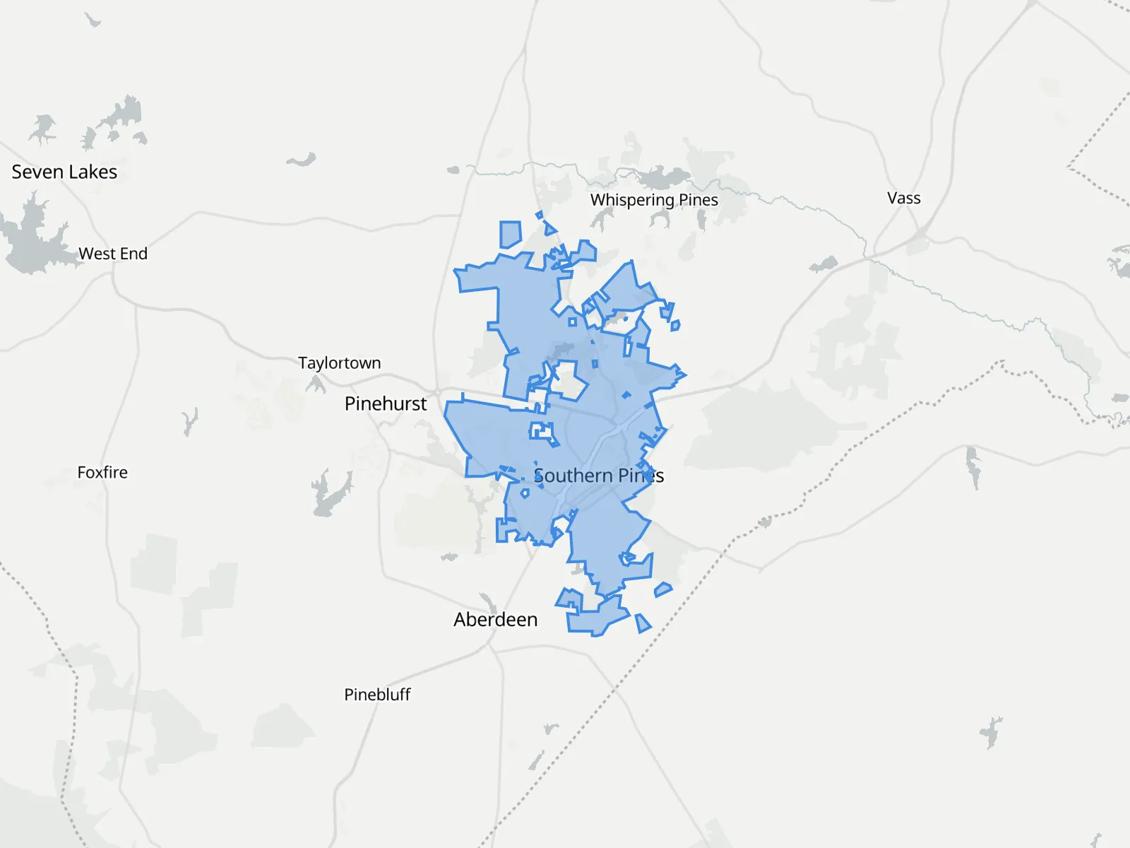 Map of Southern Pines and the towns around it