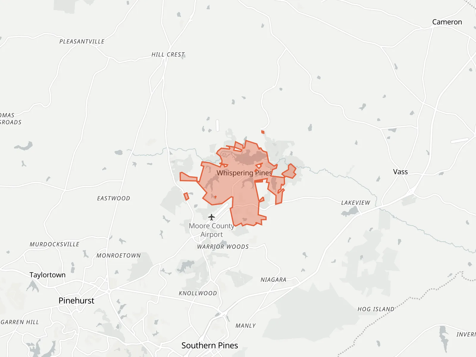 Map of Whispering Pines and the towns around it