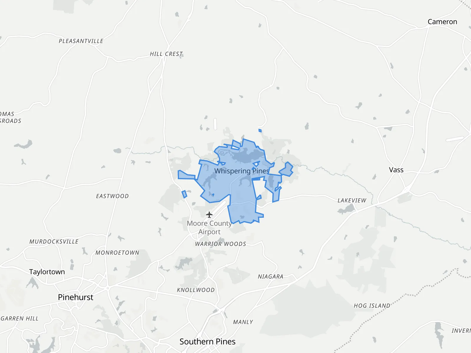 Map of Whispering Pines and the towns around it